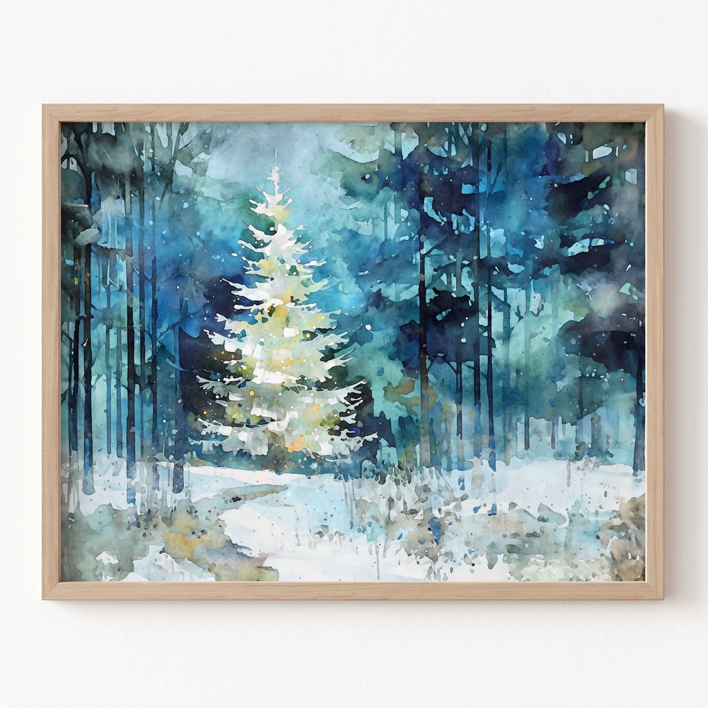 Framed painting of a winter forest scene with a single tree in the center.