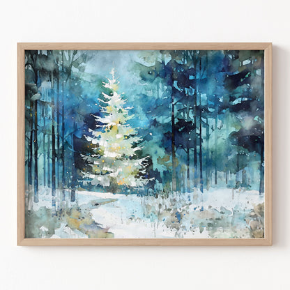 Framed painting of a winter forest scene with a single tree in the center.