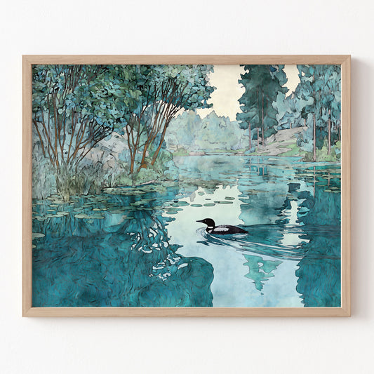 Framed artwork of a loon on a lake with trees