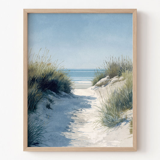 Framed artwork of a beach scene with sand path and grasses.