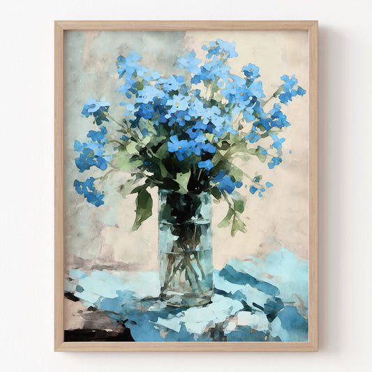 Framed artwork of a bouquet of blue flowers in a glass vase on a textured background