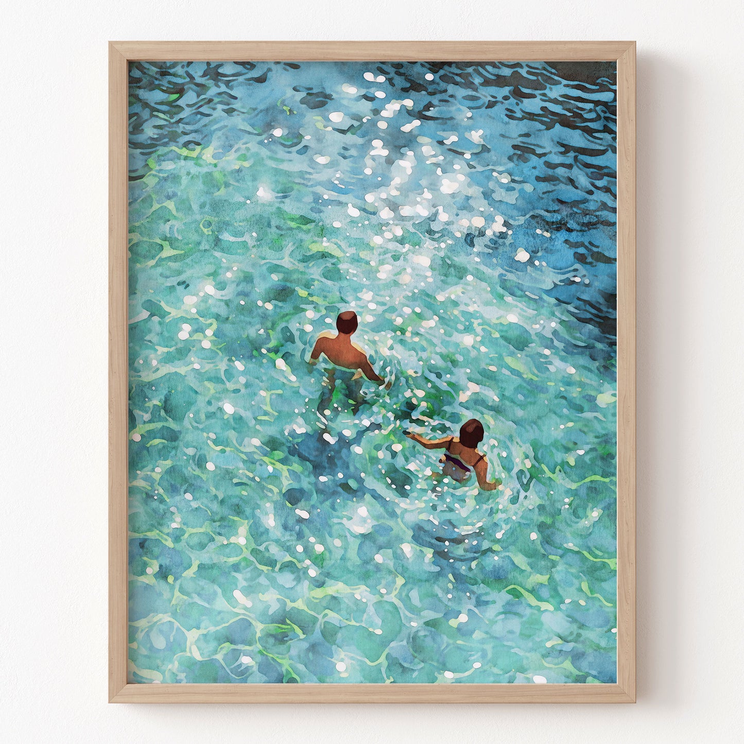 Framed artwork of two people swimming in a pool with ripples and reflections.