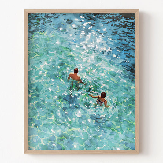 Framed artwork of two people swimming in a pool with ripples and reflections.