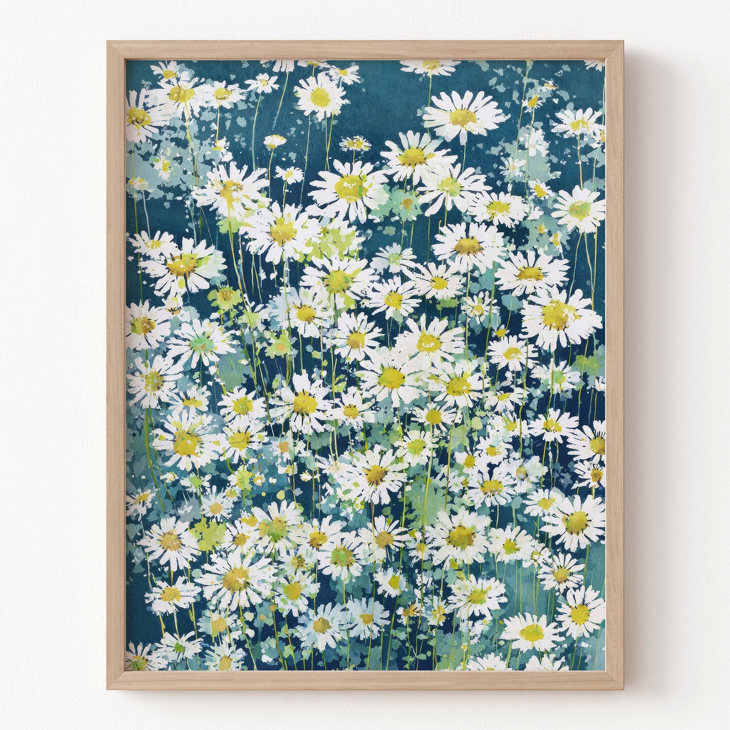 Framed artwork of a floral pattern with white flowers on a blue background