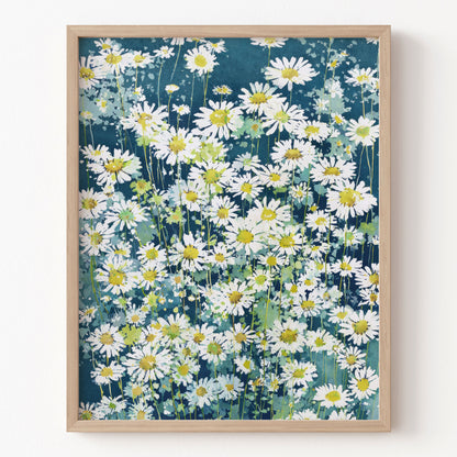 Framed artwork of a floral pattern with white flowers on a blue background