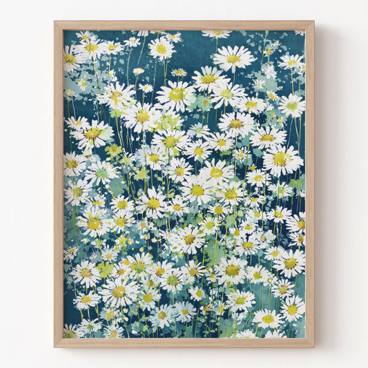 Framed artwork of a floral pattern with white flowers on a blue background