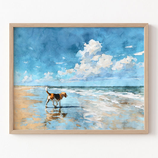 Framed artwork of a dog walking on a beach with a blue sky.