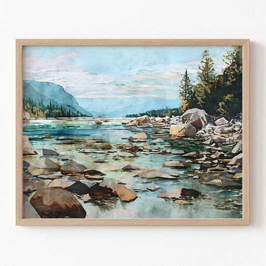 Framed artwork of a landscape with a river, rocks, trees, and mountains.