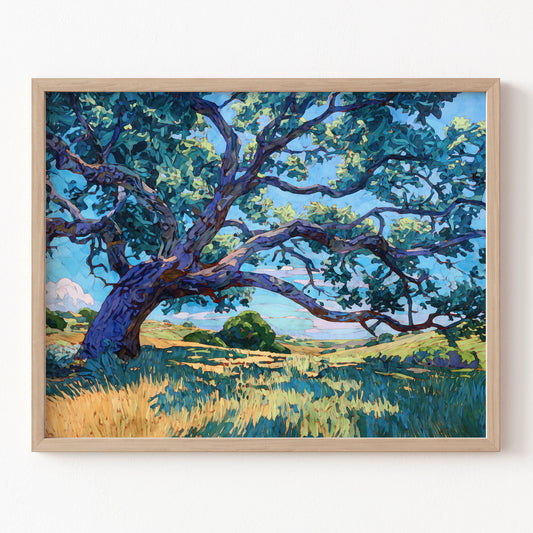 Framed painting of a large tree in a field with a blue sky.