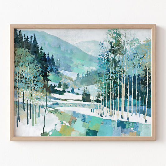 Framed artwork of a forest landscape with trees and mountains on a white wall.