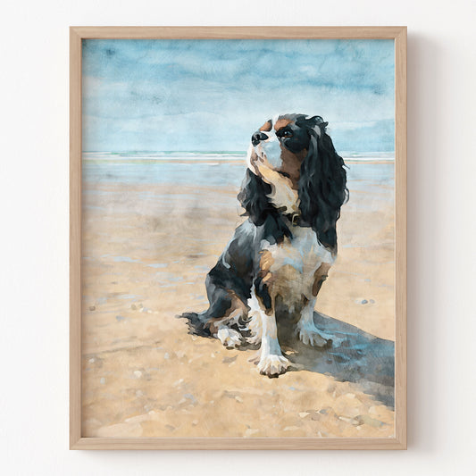 Framed artwork of a dog on a beach