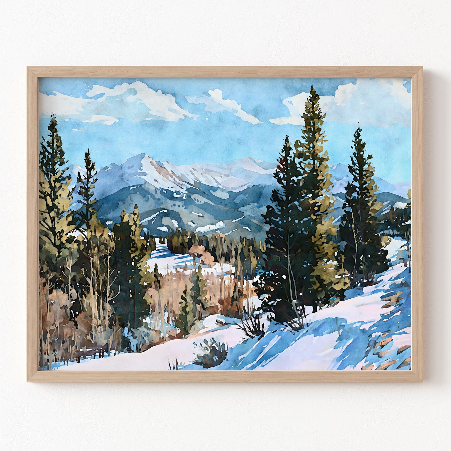 Framed painting of a snowy mountain landscape with trees