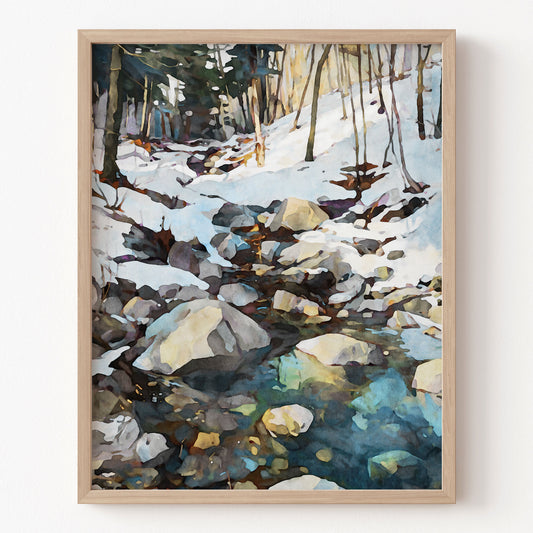 Framed painting of a snowy forest with a stream