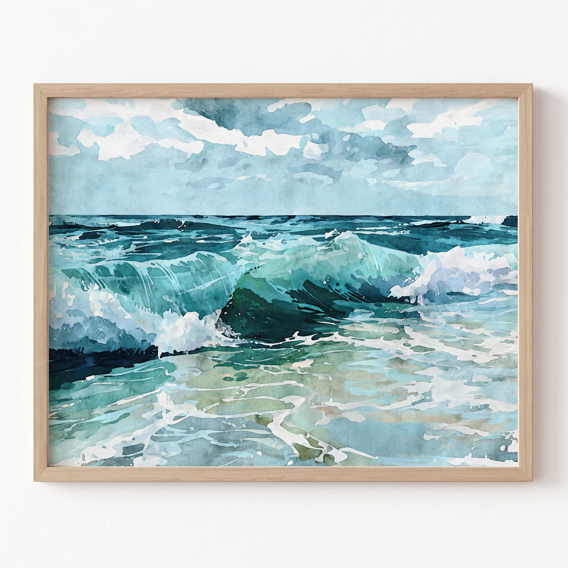 Framed artwork of a seascape with waves and sky.