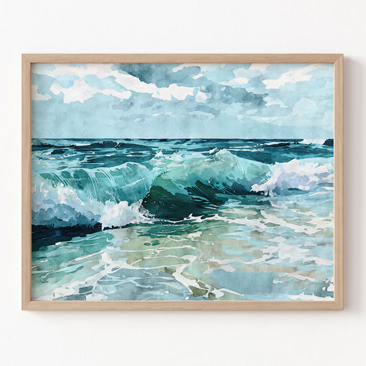 Framed artwork of a seascape with waves and sky.