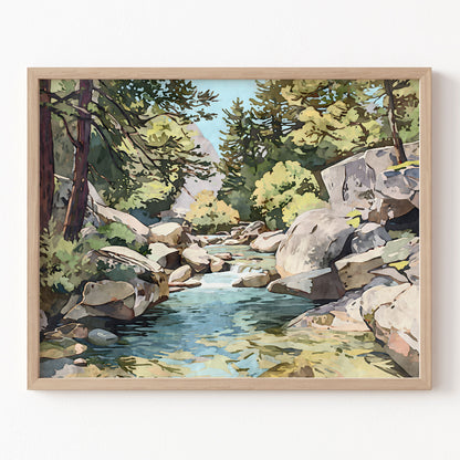 Framed artwork of a landscape with a stream and rocks on a white wall