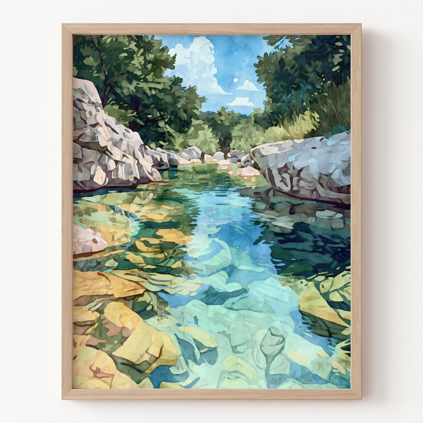 Framed painting of a river landscape with rocks and trees.