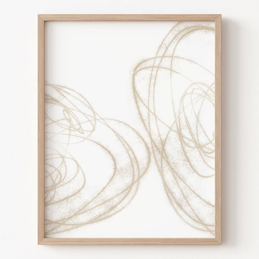 Framed abstract art with beige lines on a white background