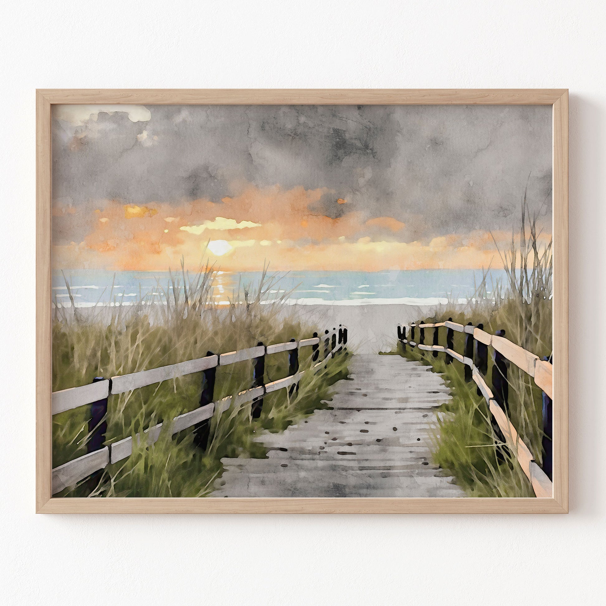 Framed artwork of a beach scene with a wooden path leading to the ocean.