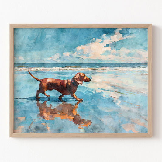 Framed artwork of a dog walking on a beach with blue sky and water.