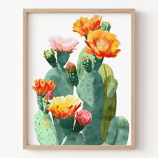 Framed artwork of a cactus with colorful flowers on a white background