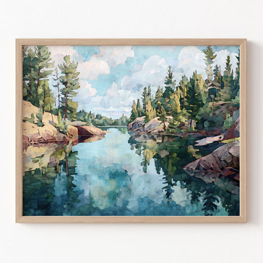 Framed painting of a serene lake surrounded by trees
