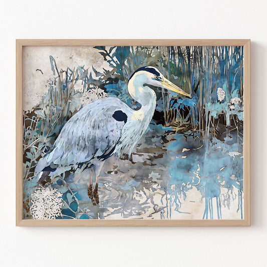 Framed artwork of a heron in a natural setting with abstract blue and brown brushstrokes.