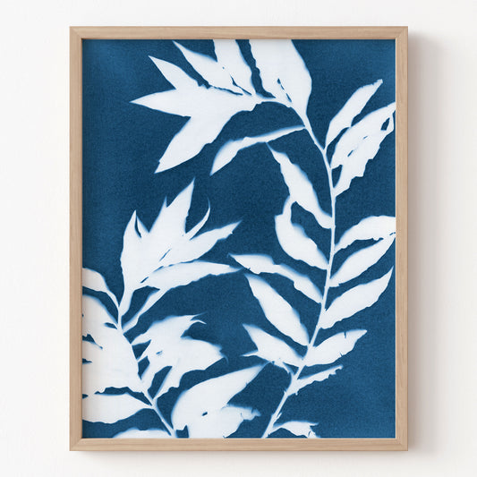 Framed artwork with white leaf silhouettes on a blue background