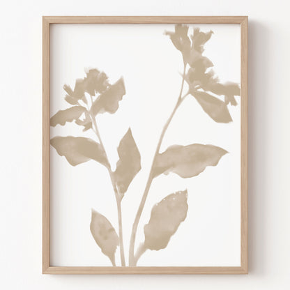Framed botanical art print with beige leaves on a white background