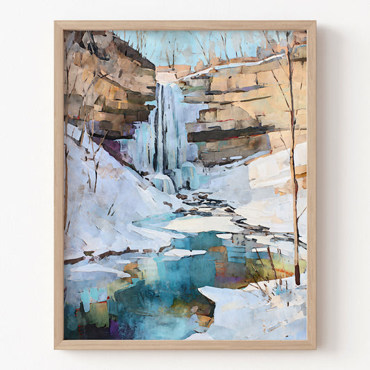 Framed abstract artwork of a winter landscape with a waterfall.