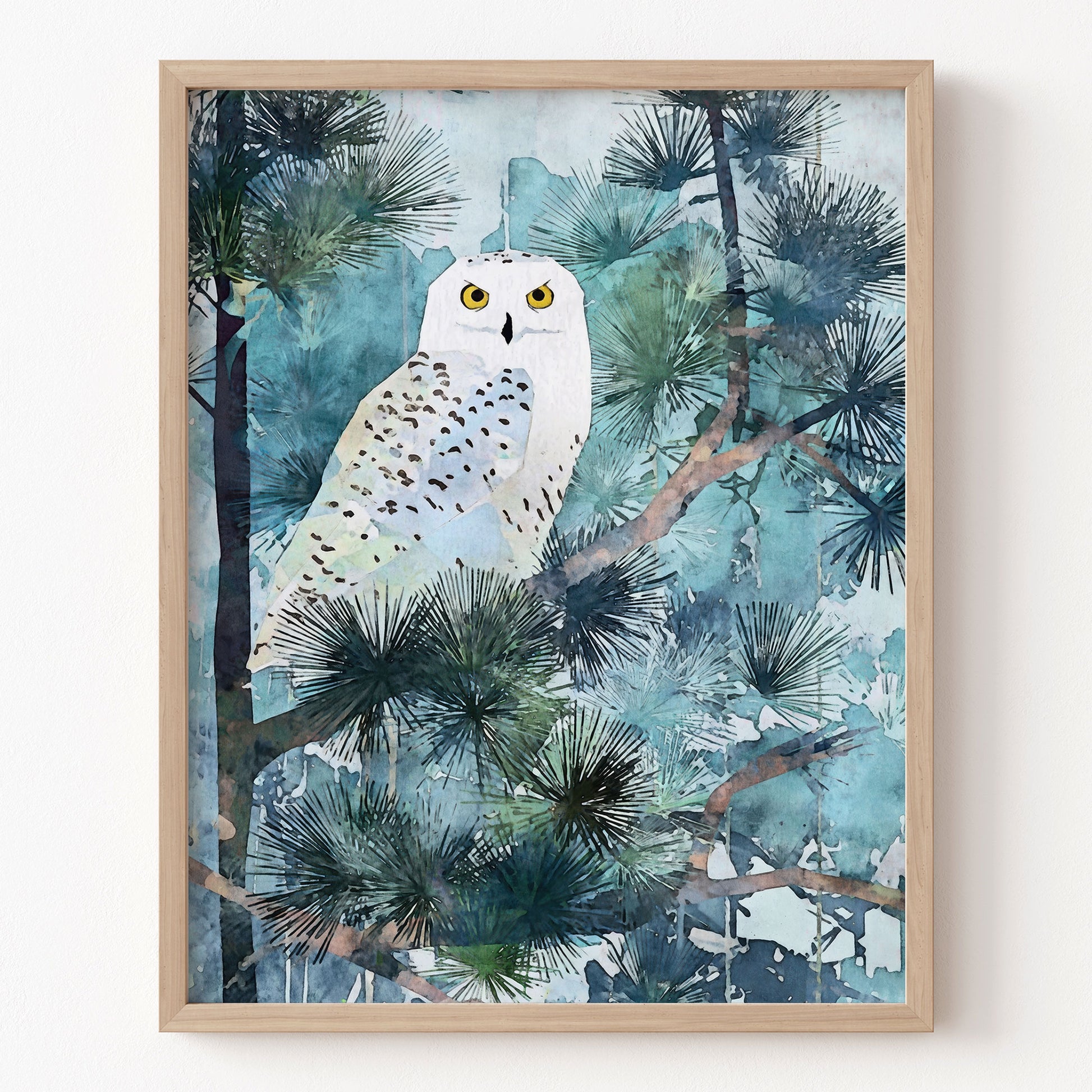 Framed artwork of an owl on a branch with a forest background