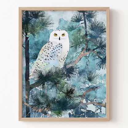 Framed artwork of an owl on a branch with a forest background