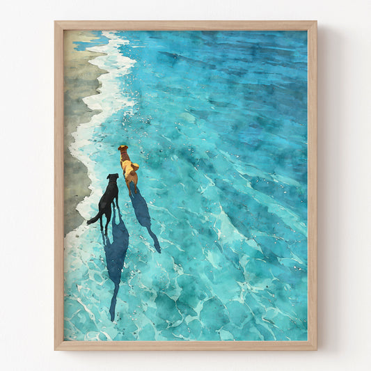 Framed artwork of two dogs standing in clear blue water with a wooden frame.