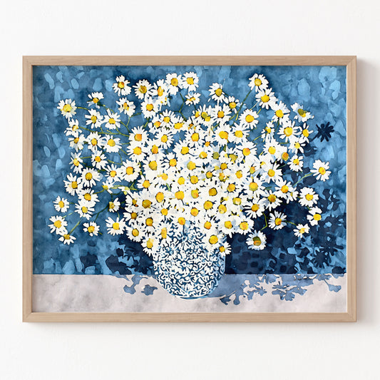 Framed artwork of a vase filled with white and yellow flowers on a blue and white abstract background.