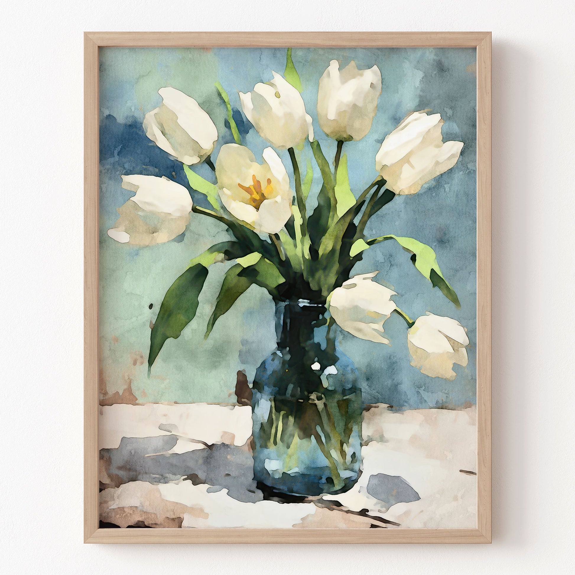 Framed artwork of white tulips in a vase with a watercolor background