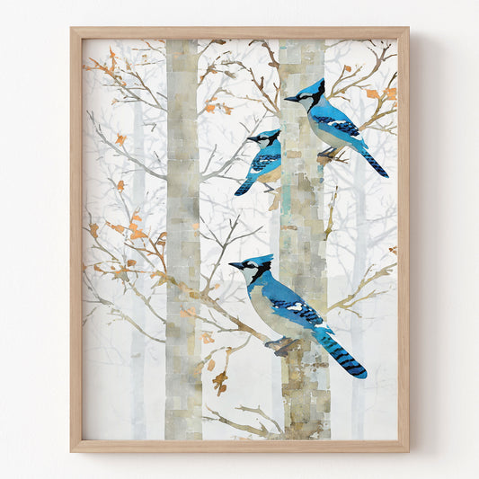 Framed artwork of blue jays on a winter tree branch with a neutral background
