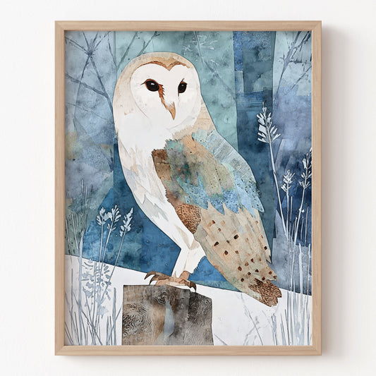 Framed artwork of an owl on a textured blue background