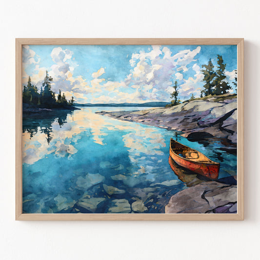 Framed painting of a lake with a red canoe and trees.