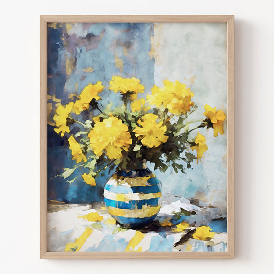 Framed painting of a vase with yellow flowers on a textured background