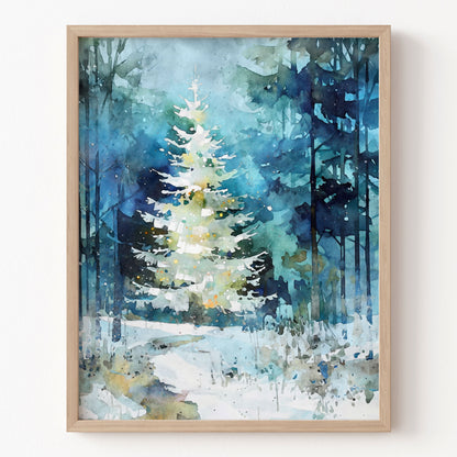 Framed artwork of a snowy forest scene with a prominent tree.
