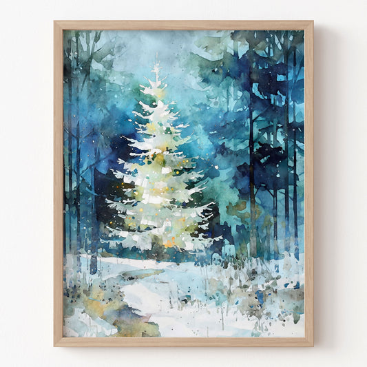 Framed artwork of a snowy forest scene with a prominent tree.