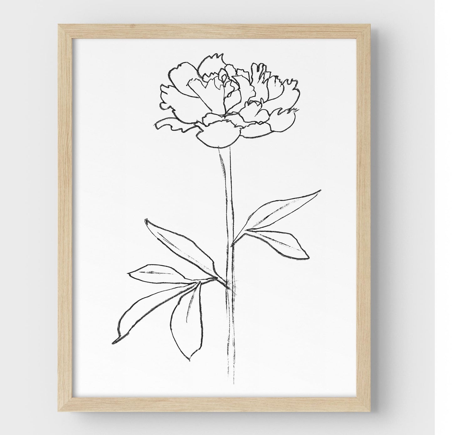 Minimalist black and white line drawing of a peony flower, framed in natural wood against a white background.