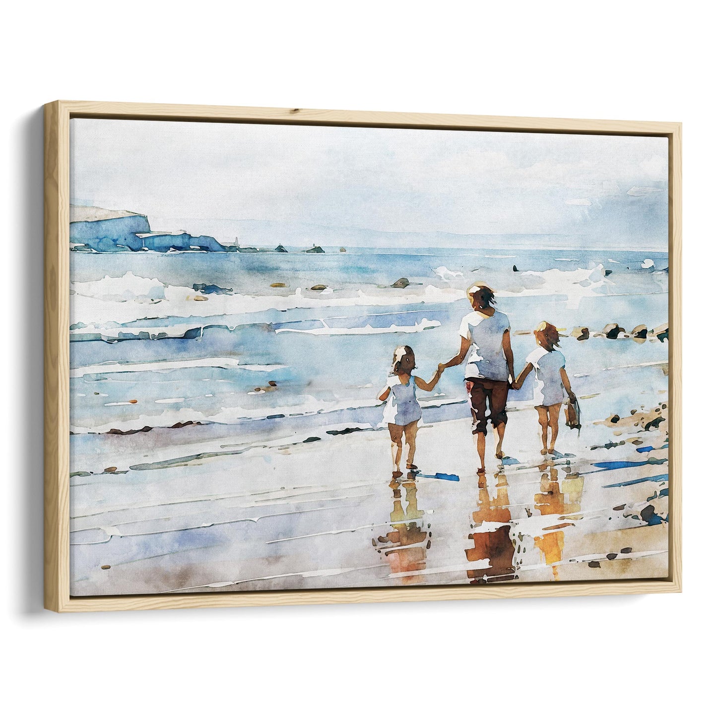 Natural wood framed canvas print of a watercolor painting depicting a woman and two children walking hand in hand along the shoreline, reflecting in the wet sand.