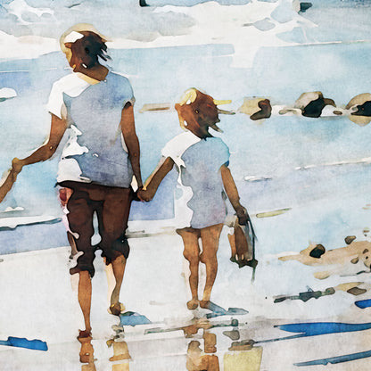 Close-up of a watercolor painting showing a woman and a child holding hands while walking along the shoreline with waves and rocks in the background.