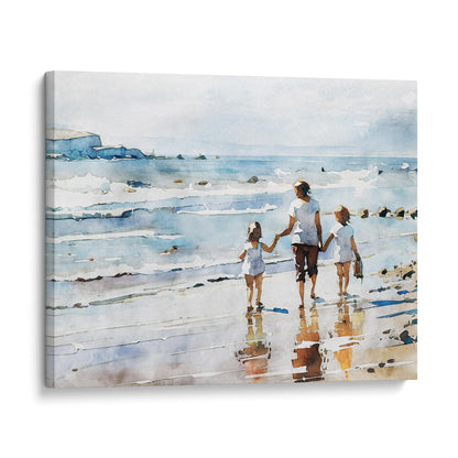 Canvas print of a watercolor painting depicting a woman and two children walking along the shoreline, mounted on a white background.