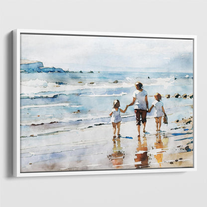 White framed canvas print of a watercolor painting depicting a woman and two children walking hand in hand along the shoreline, reflecting in the wet sand.