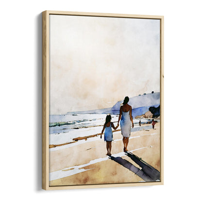 Natural wood framed canvas print of a watercolor-style painting showing a woman and a young girl holding hands while walking along a sandy beach.