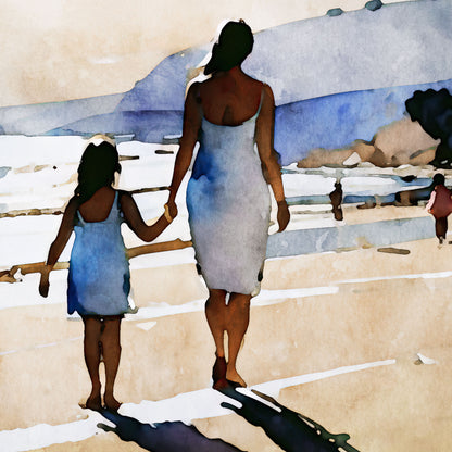Close-up of a watercolor-style painting depicting a woman and a young girl holding hands while walking along a sandy beach.