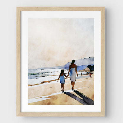 Natural wood framed watercolor-style painting of a woman and a young girl holding hands while walking along a sandy beach.