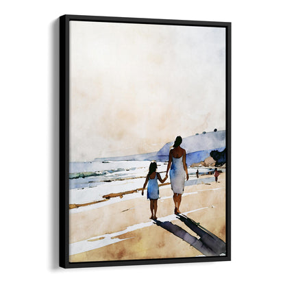 Black framed canvas print of a watercolor-style painting showing a woman and a young girl holding hands while walking along a sandy beach.